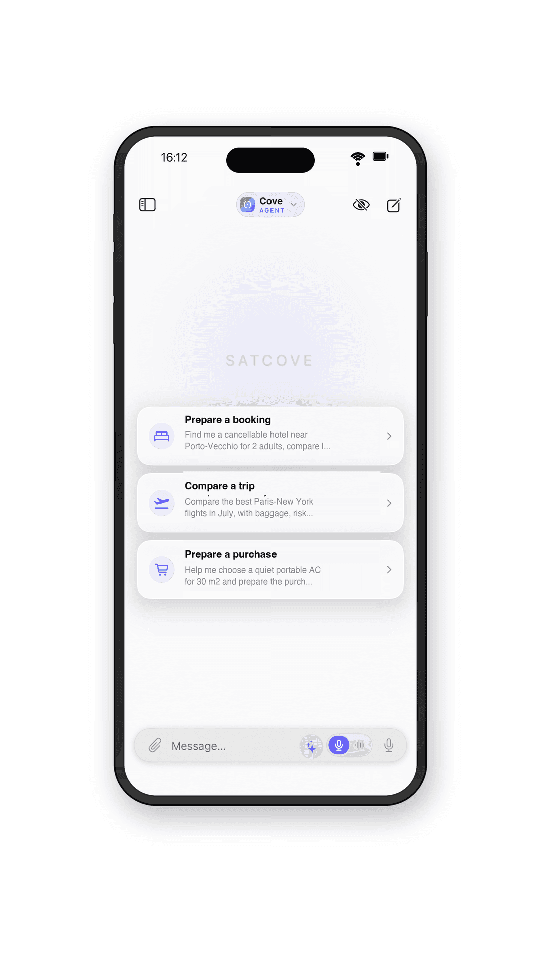 Cove Agent en iPhone mostrando misiones de viaje y de compra preparadas