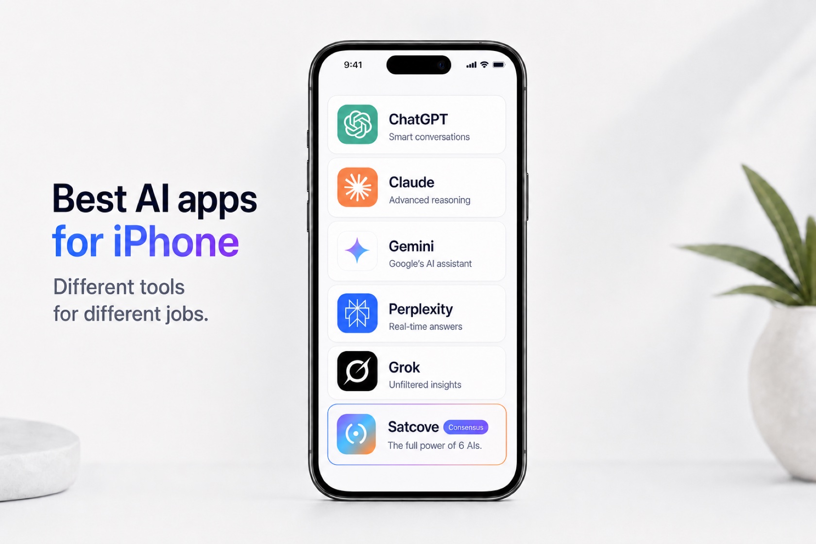 Best AI apps for iPhone — different tools for different jobs: ChatGPT, Claude, Gemini, Perplexity and Grok each excel at one thing, while Satcove gives you the full power of 6 AIs at once